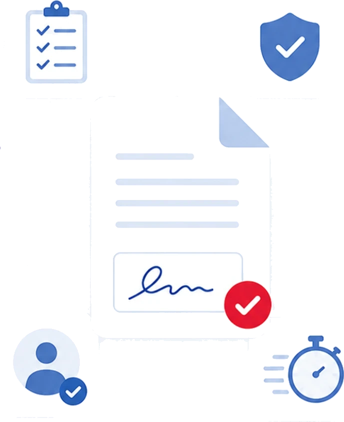 Un documento con firma elettronica completata, circondato da controlli di identità, sicurezza e tempi di firma